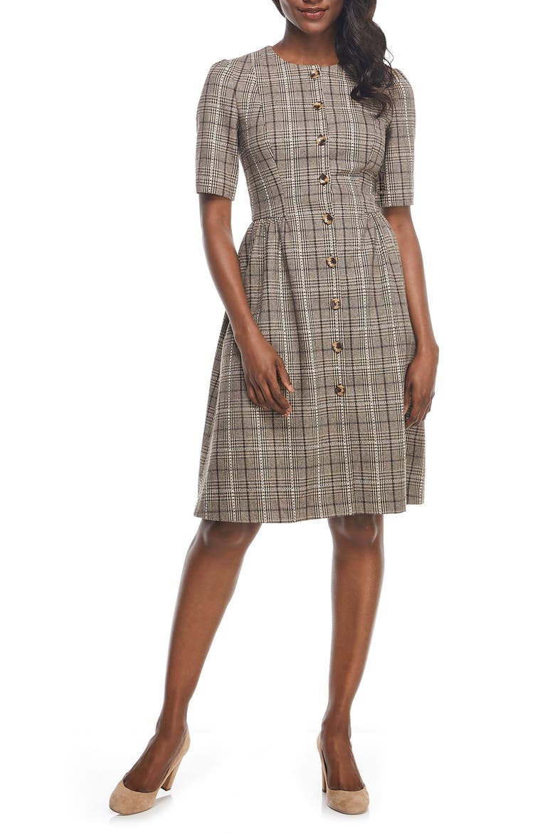 Jeanie Woodland Plaid Button Front Dress, Alternate, color, NEUTRAL