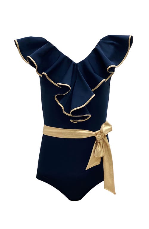Nessi Byrd Gilded-edge Ruffle V-neck Belted One Piece Swimsuit, Toddler-little Kid,big Kid In Blue