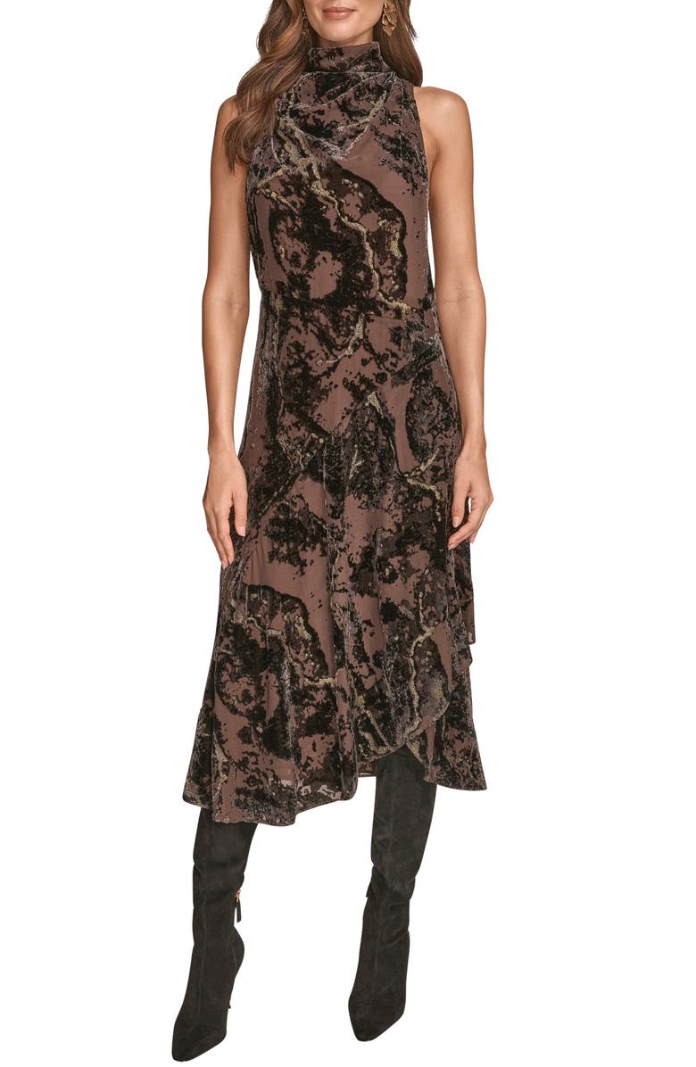 Donna Karan New York Sleeveless Metallic Burnout Midi Dress, Main, color, Chocolate Plum