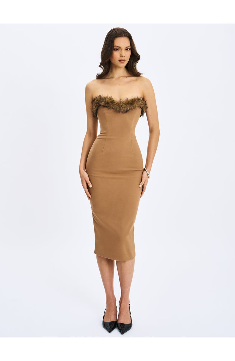 Miss Circle Rayanne Strapless Fur-Trimmed Sweetheart Maxi Dress, Main, color, Chestnut