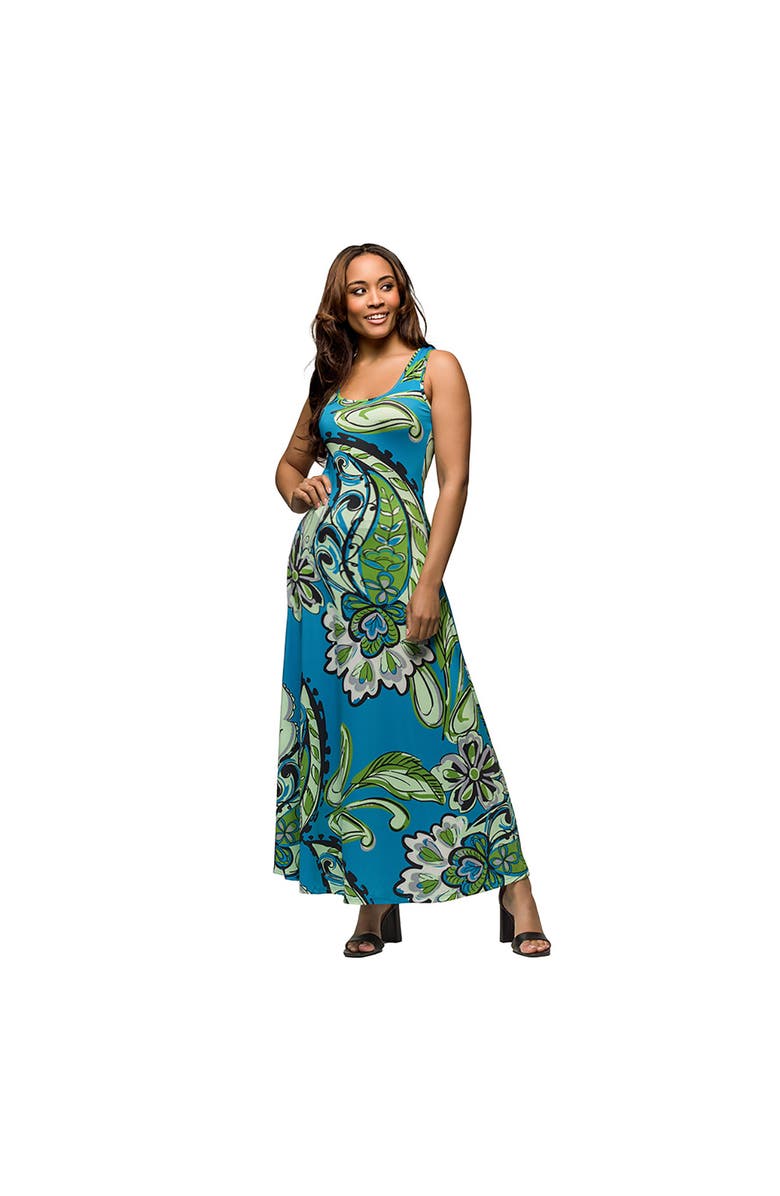 24seven Comfort Apparel Maternity Blue Paisley Print Scoop Neck A-Line Sleeveless Maxi Dress, Main, color, Blue Multi