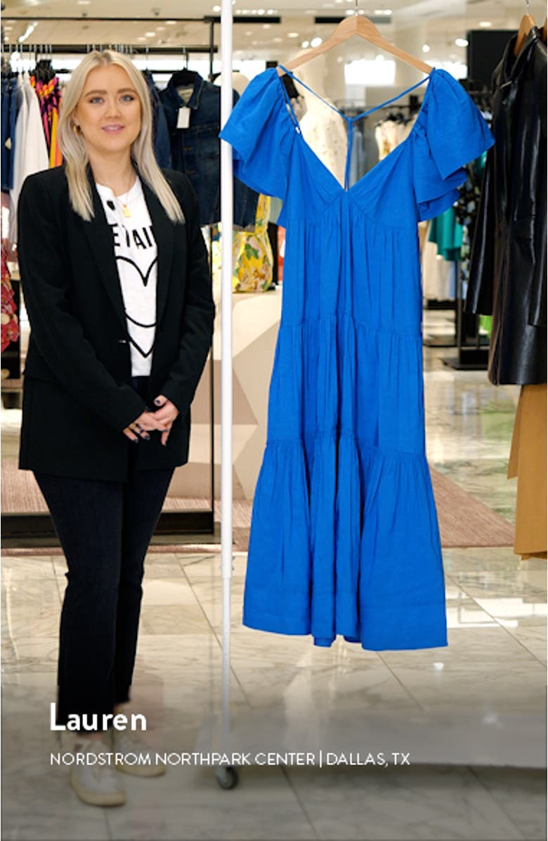 Ruffle Shoulder Open Back Linen Blend Midi Dress, sales video thumbnail