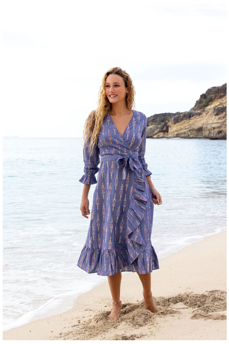 Genevieve Womens Ruffle Wrap Dress Chambray Ikat, Alternate, color, Blue
