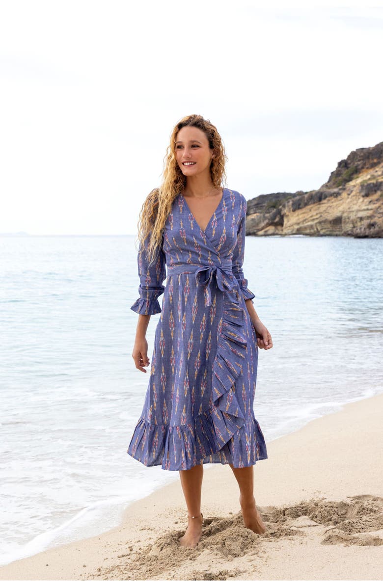 Mer St. Barth Genevieve Womens Ruffle Wrap Dress Chambray Ikat, Alternate, color, Blue