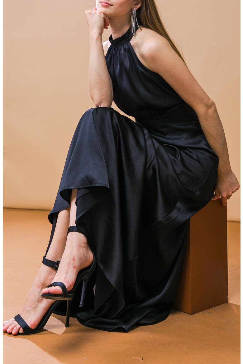 Tie Neck Satin Maxi Dress, Alternate, color, BLACK