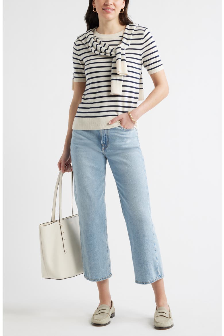 Short Sleeve Merino Wool Blend Sweater Top, Alternate, color, IVORY- NAVY JOSEPHINE STRIPE