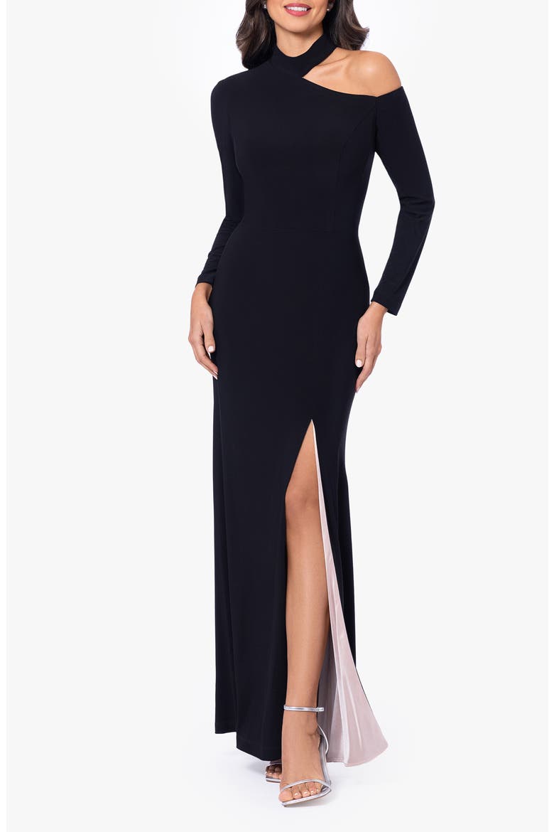 Cutout Shoulder Long Sleeve Gown, Alternate, color, BLACK/ NUDE