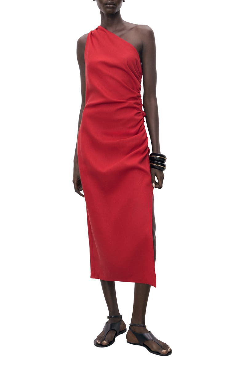 MANGO Naty Ruched One-Shoulder Maxi Dress, Main, color, Red