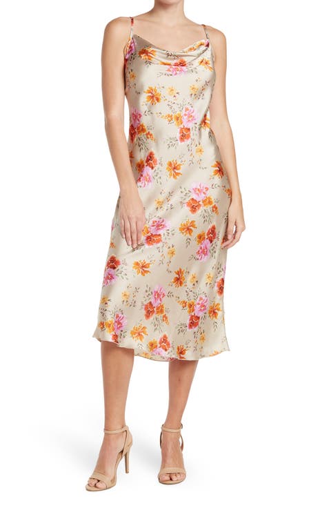 Printed Satin Bias Midi Dress