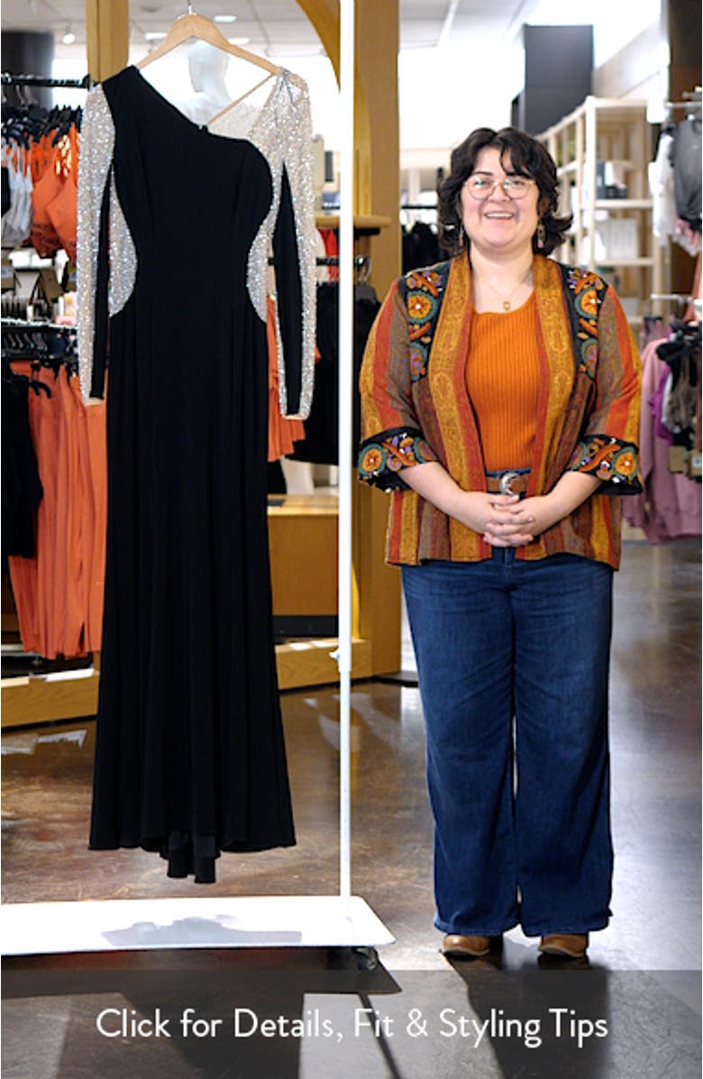 Rhinestone Embellished Asymmetric Neck Long Sleeve Gown, sales video thumbnail