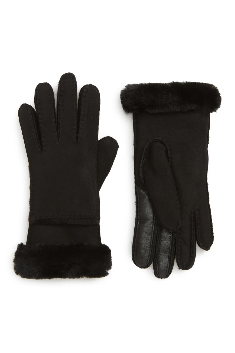 Seamed Touchscreen Compatible Genuine Shearling Gloves, Main, color, BLACK