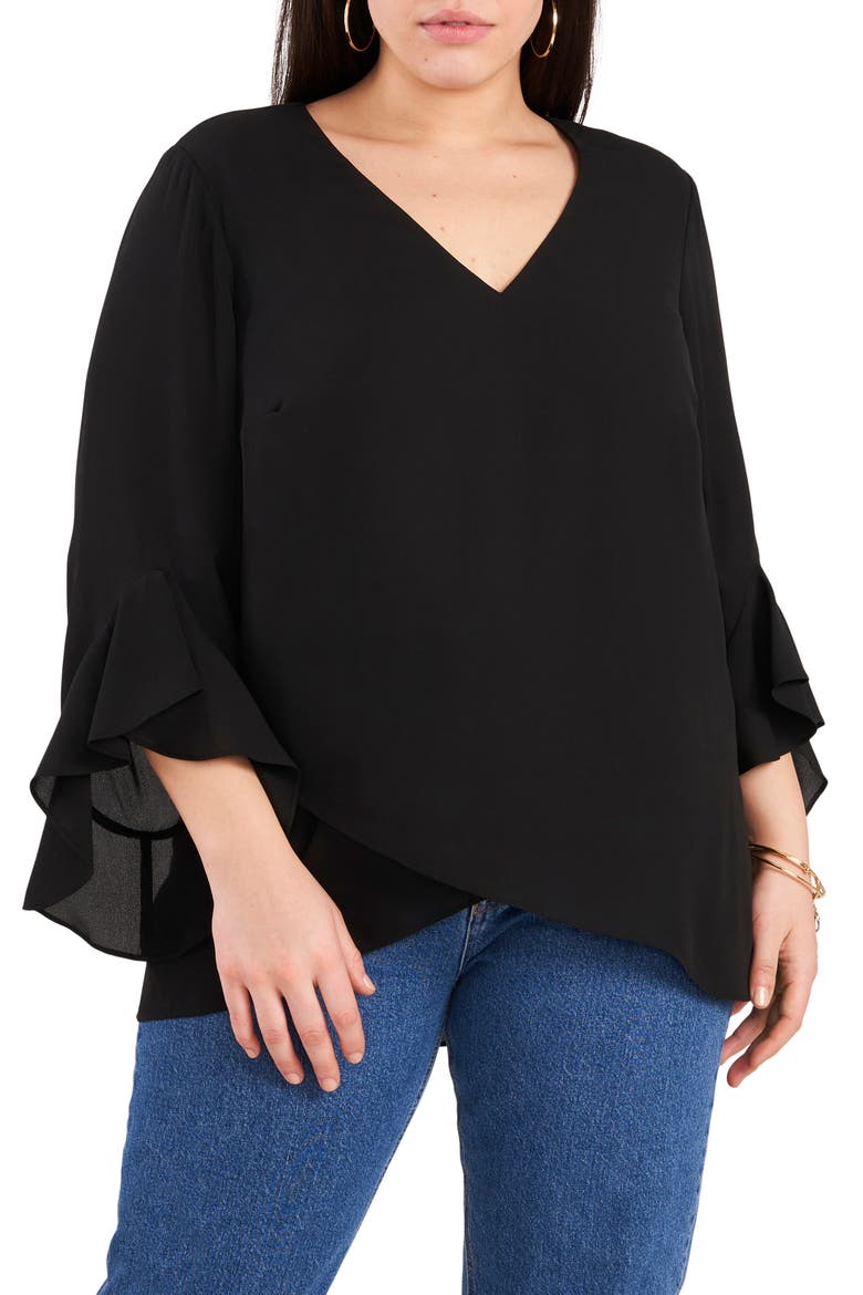 Flutter Sleeve Crossover Georgette Tunic Top, Main, color, BLACK