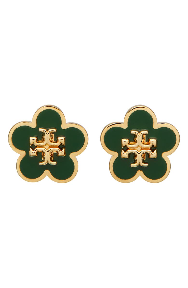 Tory Burch Forget Me Not Enamel Stud Earrings, Main, color, Tory Gold / Dark Kale