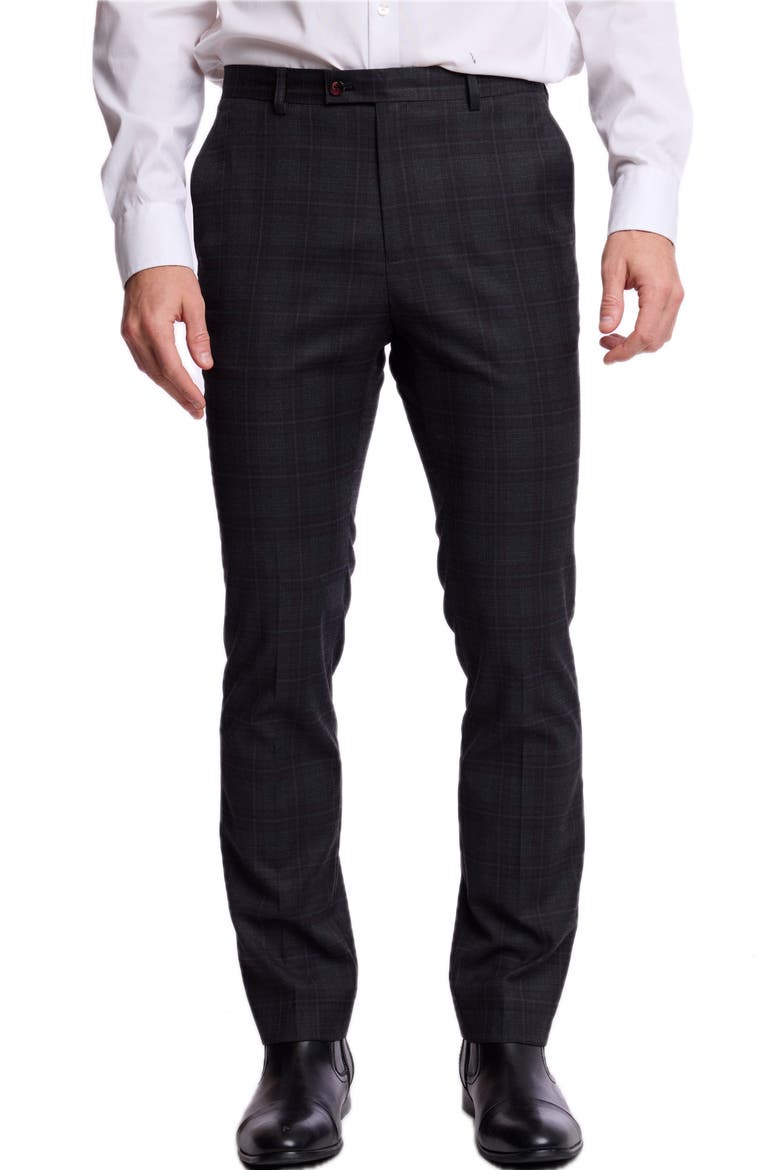 Slim Downing Plaid Mid Rise Pants, Main, color, CHARCOAL BURGUNDY PLAID