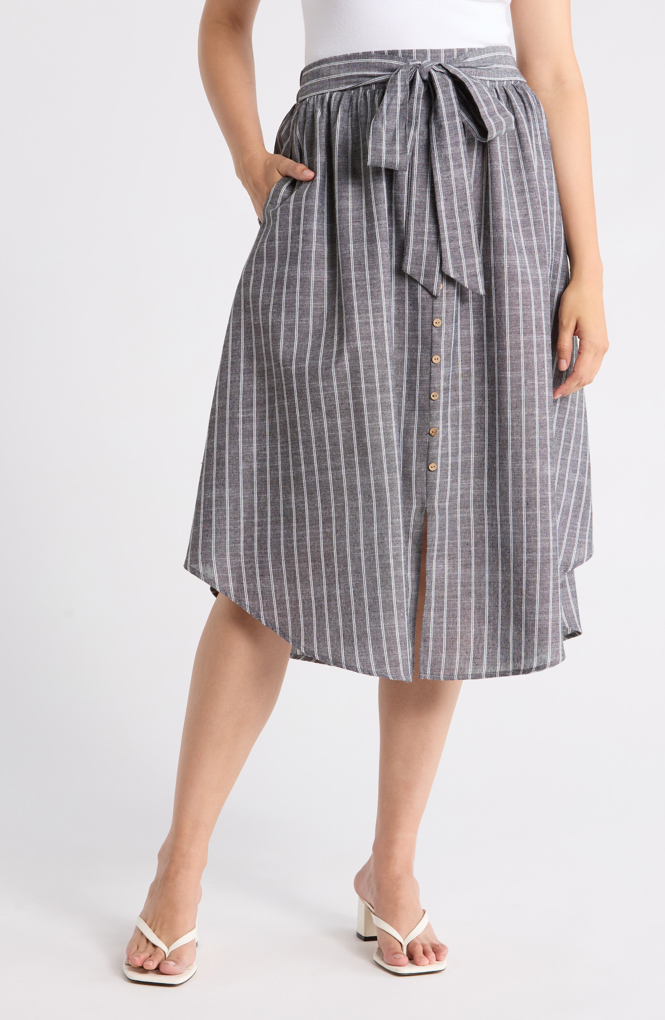 Renee C Stripe Curve Hem Linen Blend Midi Skirt