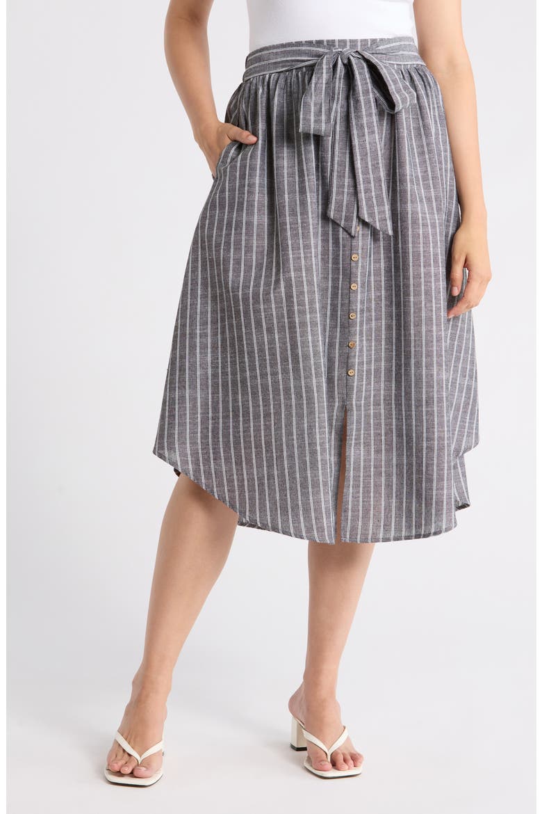 Stripe Curve Hem Linen Blend Midi Skirt, Main, color, BLACK