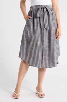 Renee C Stripe Curve Hem Linen Blend Midi Skirt