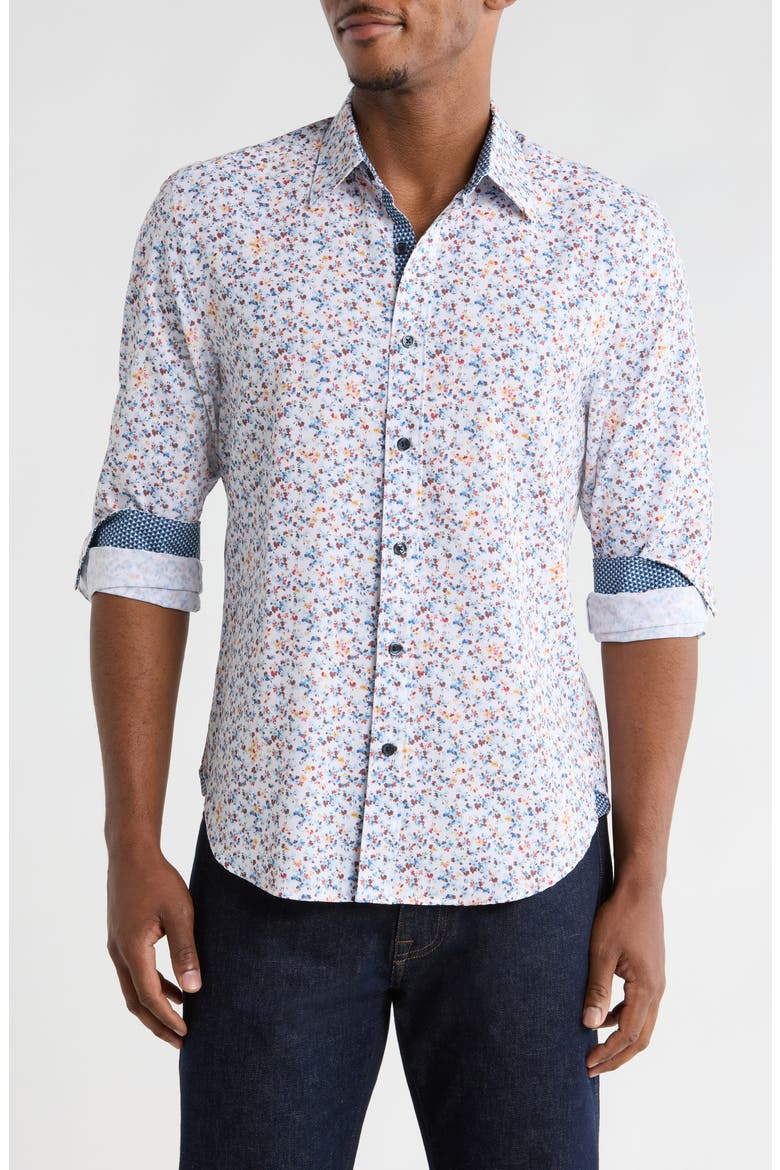Slim Fit Floral 4-Way Stretch Button-Up Shirt, Main, color, WHITE/ BLUE