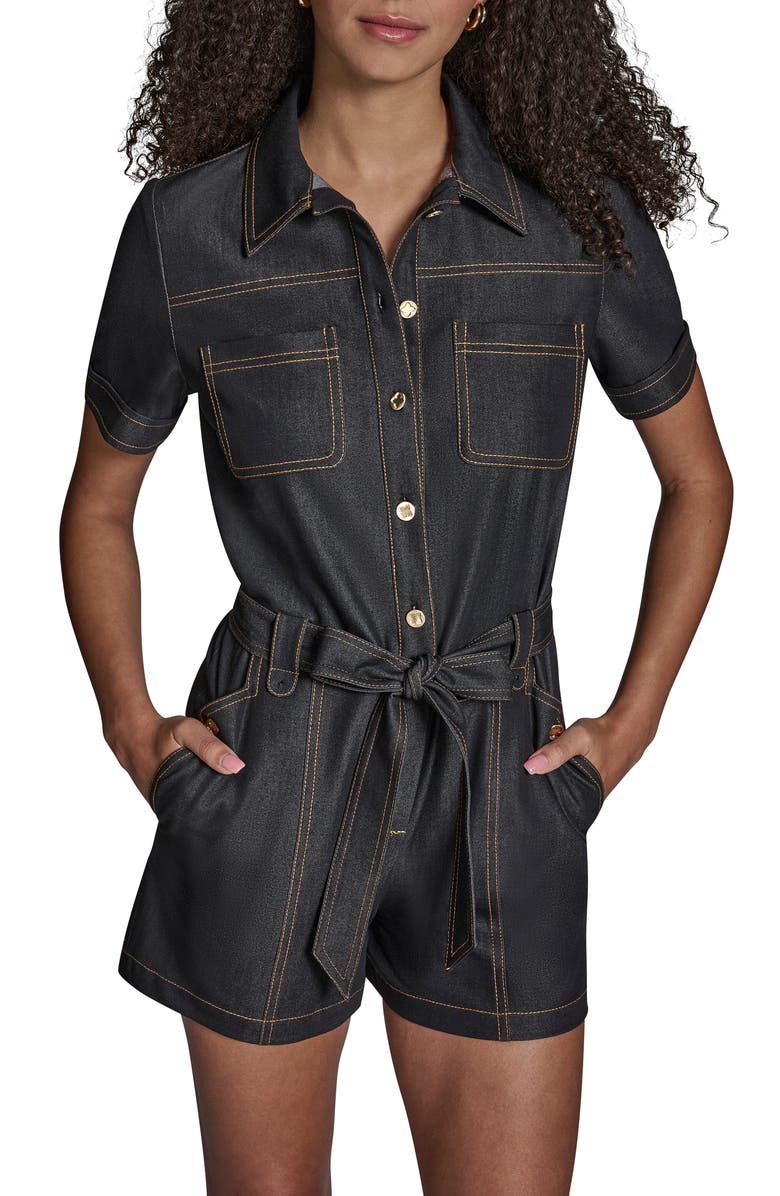 BCBG Belted Twill Romper, Alternate, color, Blue Black