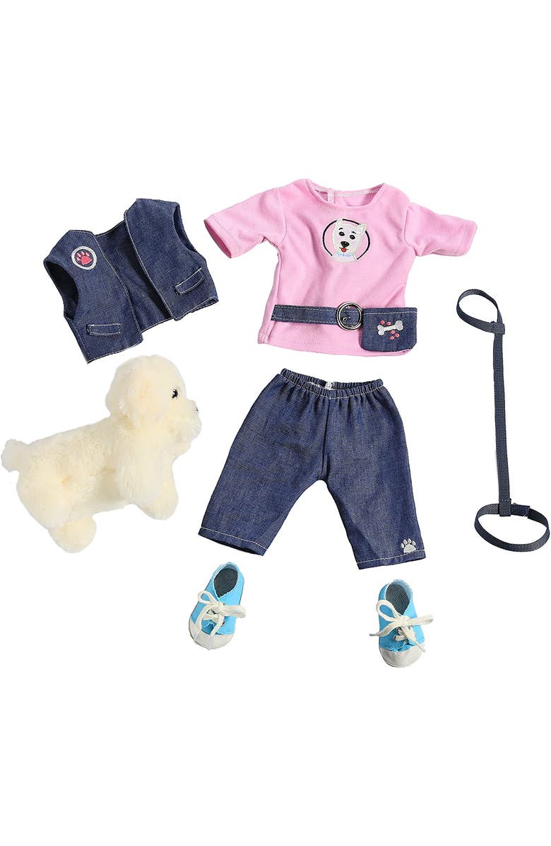 Dress Along Dolly 7pc Dog Walker Outfit w Pet Puppy- 18" Doll Clothes & Accessories Compatible w American Girl Dolls, Alternate, color, Blue