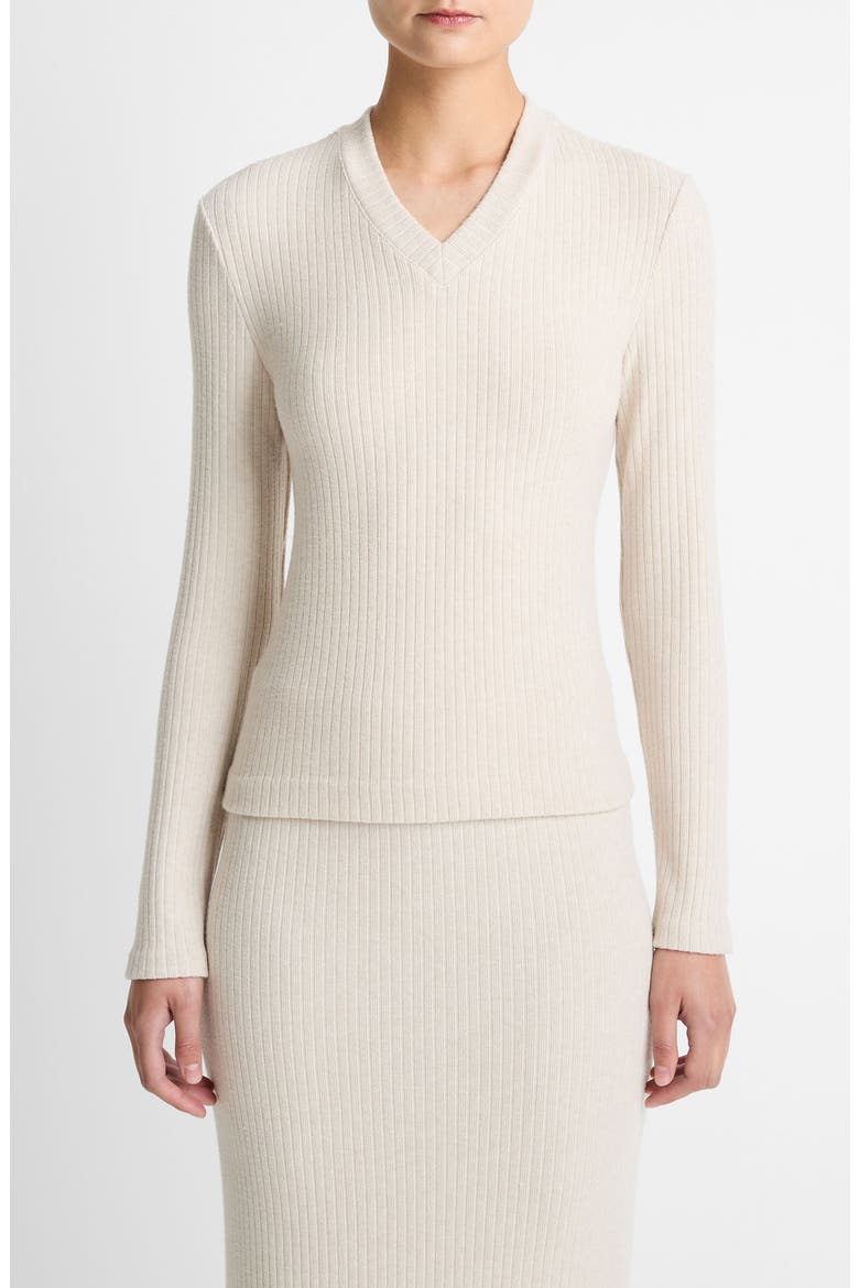 Cozy Rib High V-Neck Top, Main, color, HEATHER CREAM OAT