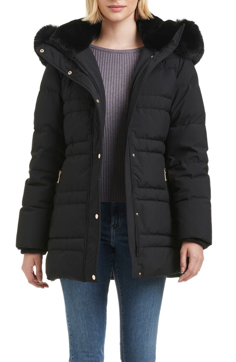 Kate Spade New York belted short down puffer jacket with removable faux fur trim, Alternate, color, 
