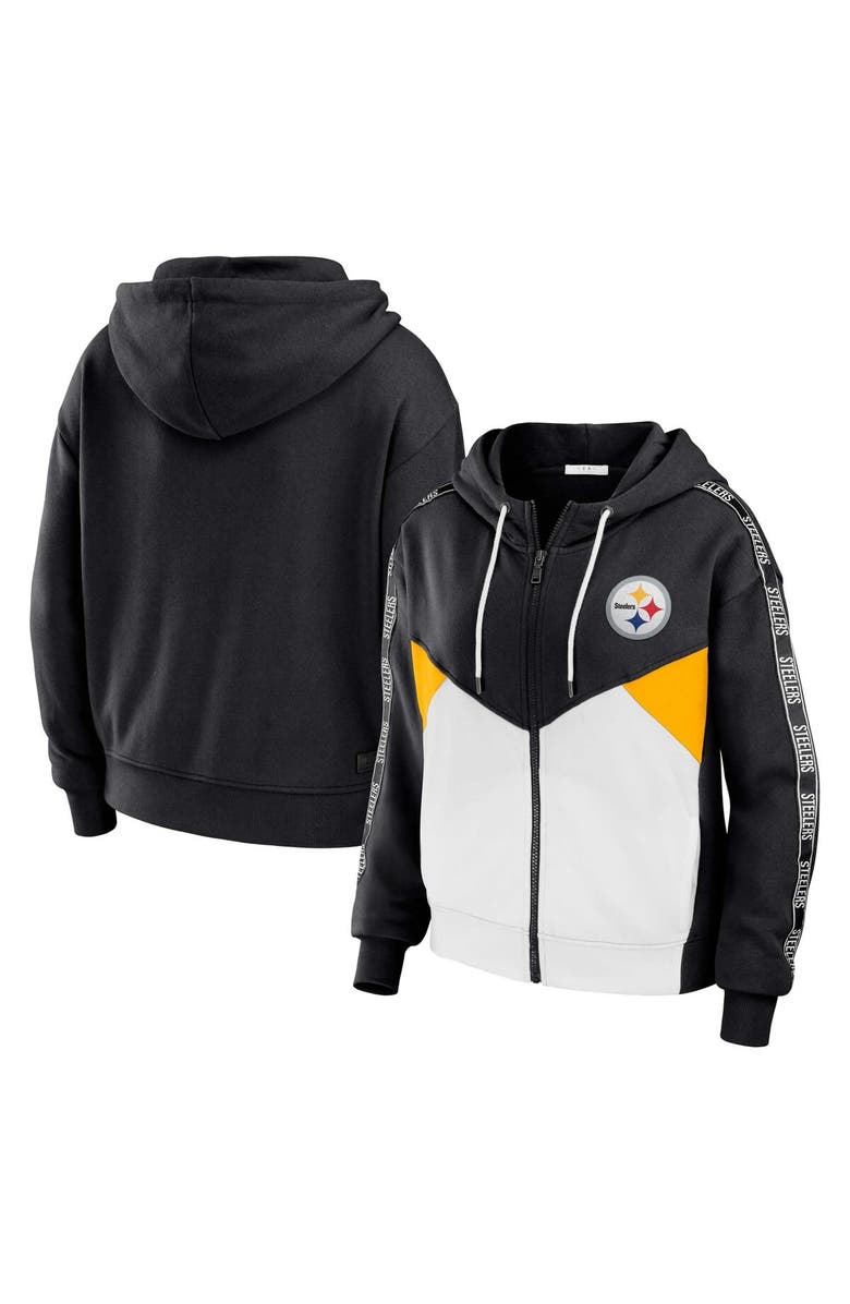 WEAR by Erin Andrews Women's WEAR by Erin Andrews Black/White Pittsburgh Steelers Plus Size Color Block Full-Zip Hoodie, Main, color, 