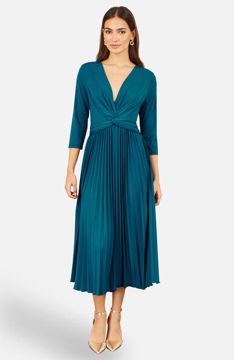 Stretch Wrap Pleated Midi Dress