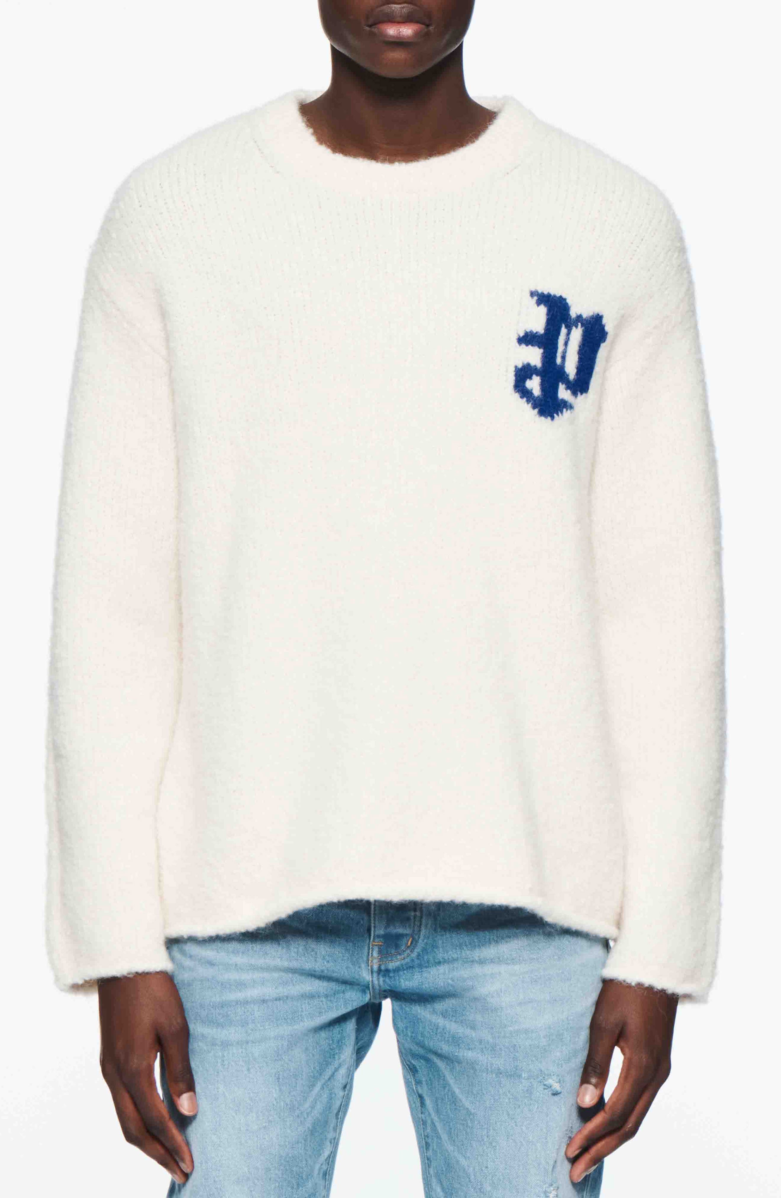 PURPLE BRAND Relaxed Fit Alpaca & Wool Blend Intarsia Logo Pullover