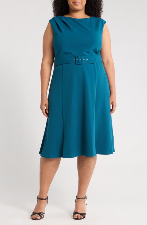 Bateau Neck Sleeveless Belted Fit & Flare Dress (Plus)