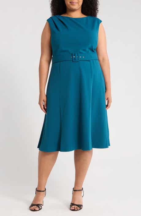 London Times Bateau Neck Sleeveless Belted Fit & Flare Dress