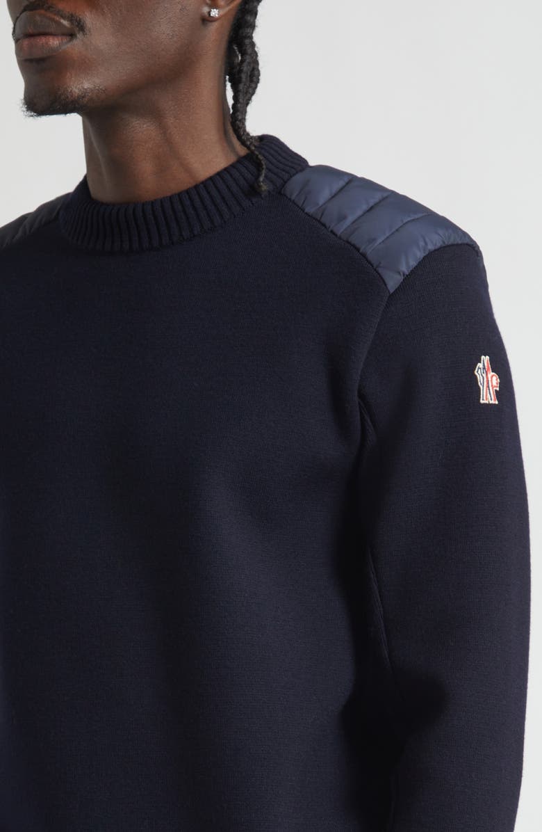 Moncler Quilted Shoulder Virgin Wool Blend Sweater, Alternate, color, Maritime Blue