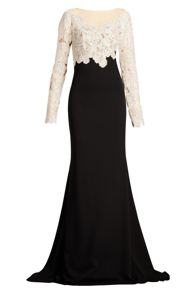 Floral Lace Bodice Mixed Media Long Sleeve Gown, Alternate, color, IVORY/ BLACK