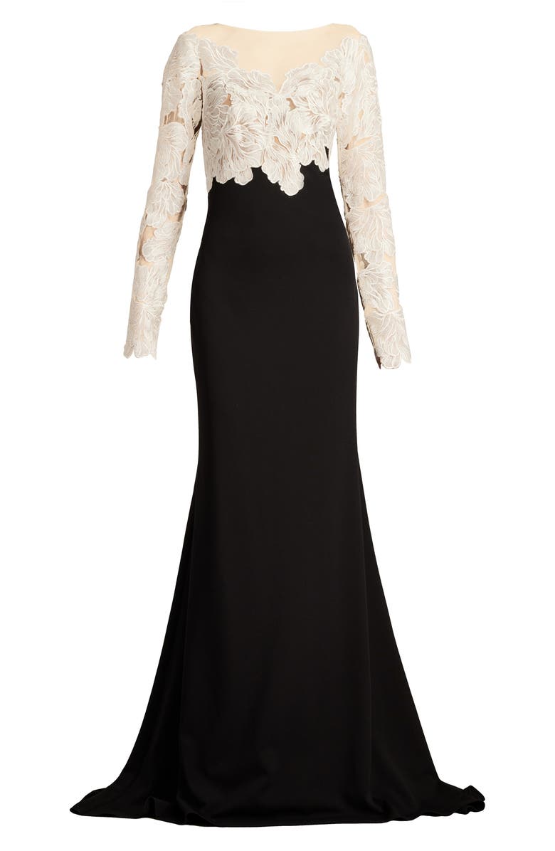 Tadashi Shoji Floral Lace Bodice Mixed Media Long Sleeve Gown, Alternate, color, Ivory/ Black