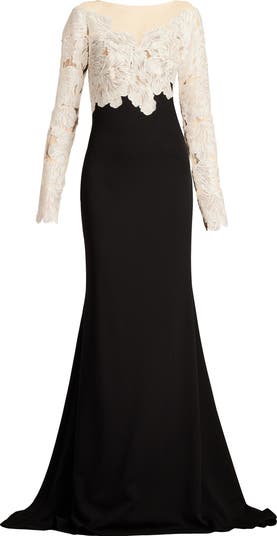 Tadashi Shoji Floral Lace Bodice Mixed Media Long Sleeve