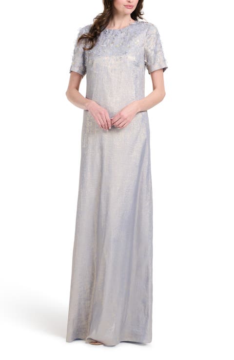 Beaded Metallic Chiffon Gown