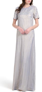 EMILY SHALANT Beaded Metallic Chiffon Gown