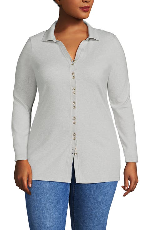 Plus Size Long Sleeve Polished Rib Button Through Tunic Shirt