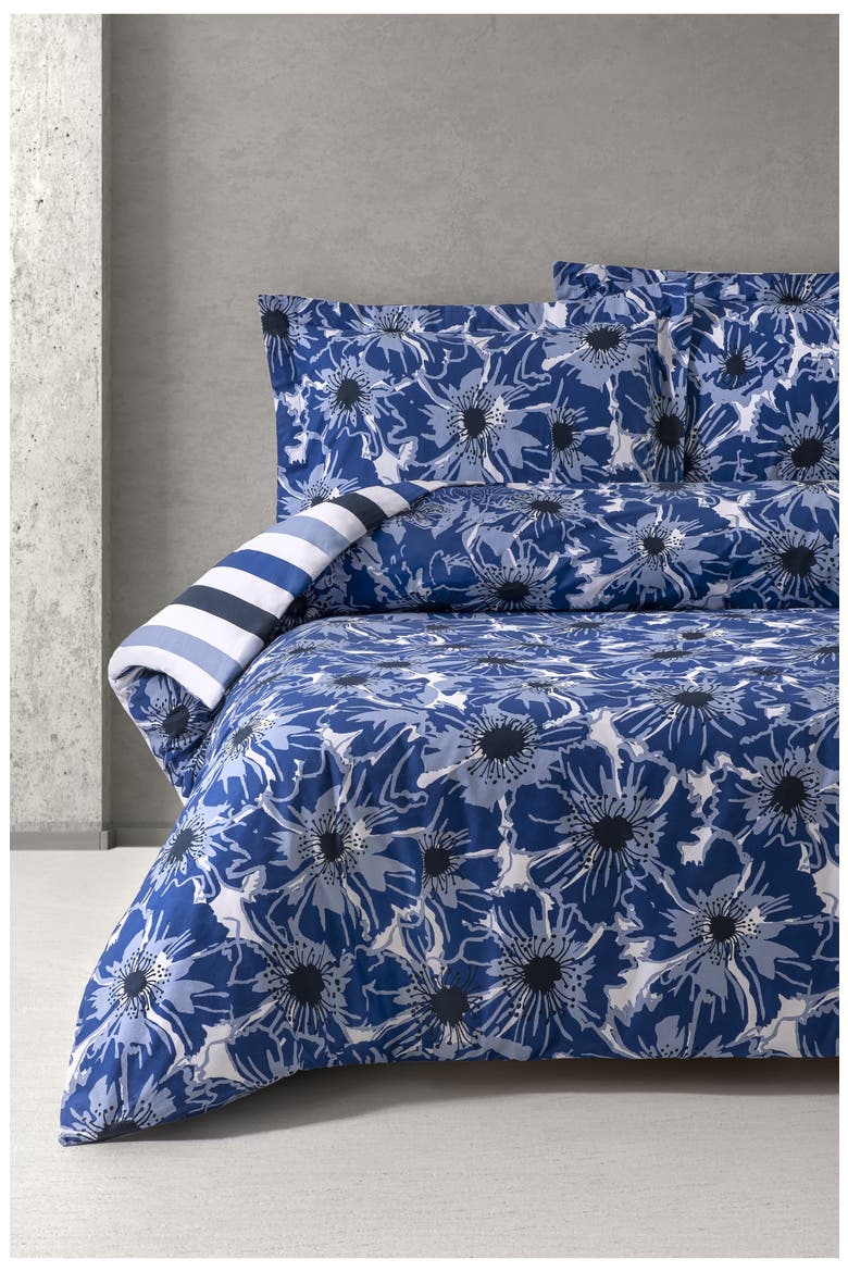 Awning Stripe & Poppy Reversible Cotton Percale Duvet Cover Set, Alternate, color, BLUE