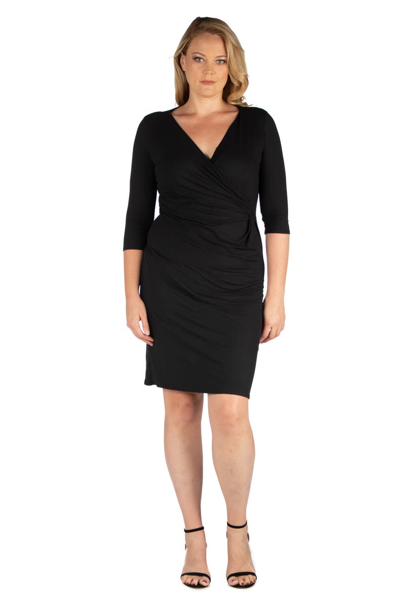 24seven Comfort Apparel Plus Size Knee Length V Neck Dress, Main, color, Black