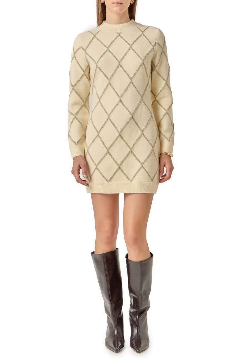 Metallic Jacquard Long Sleeve Sweater Dress, Main, color, CREAM