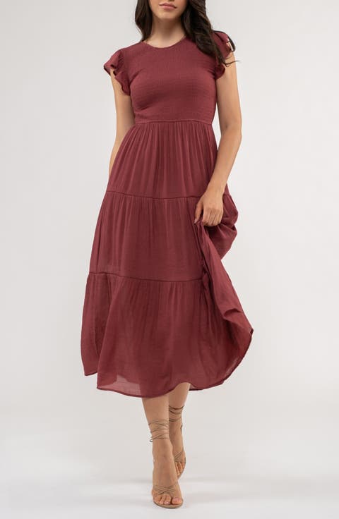 Flutter Sleeve Smocked Tiered Midi Dress