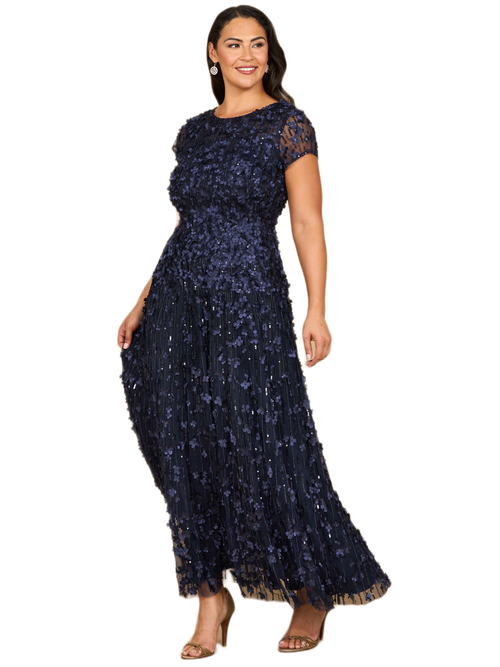 Lara New York 3d Floral Embellished Cap Sleeve Gown In Blue