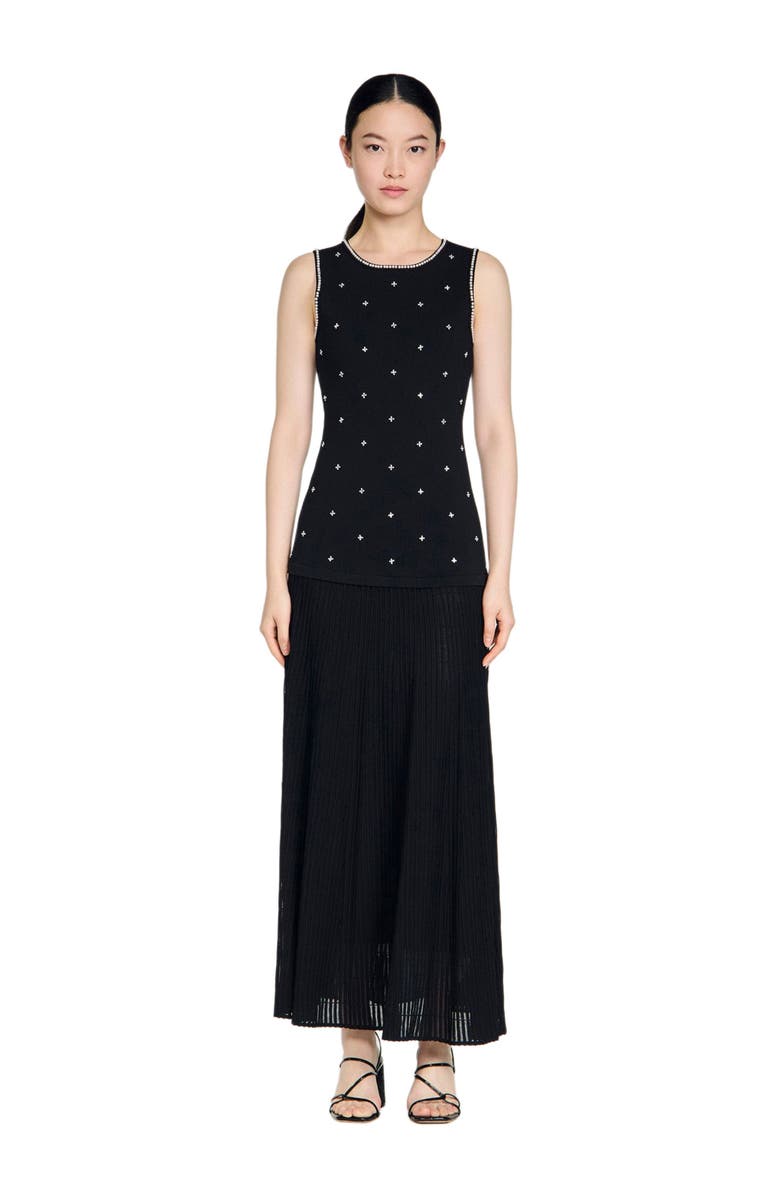 SANDRO Rhinestone flower print maxi dress, Main, color, Black