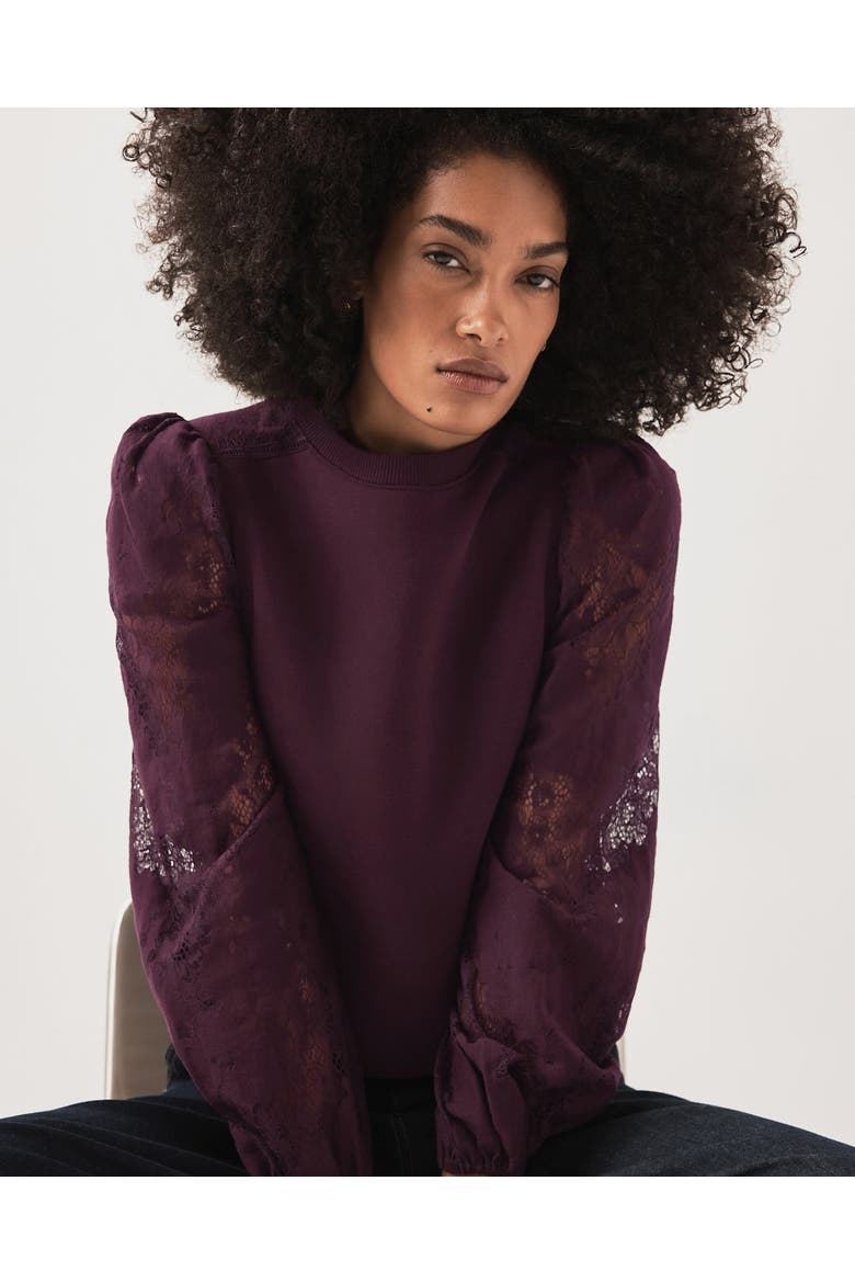 Cotton Blend Lace Sleeve Sweatshirt, Alternate, color, Burgundy