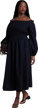 ELOQUII Long Sleeve Smocked Maxi Dress