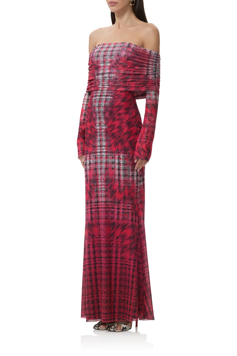 Thelma Off the Shoulder Long Sleeve Maxi Dress, Alternate, color, RUBY HOUNDSTOOTH