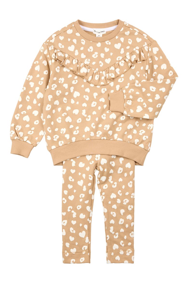 Cheetah Print Ruffle Trim Sweatshirt & Leggings Set, Main, color, CAMEL