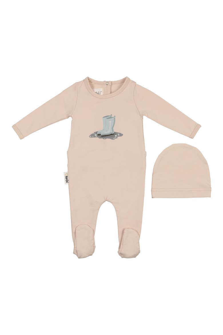 Rain Boot Print Footie & Hat Set, Main, color, BISCUIT