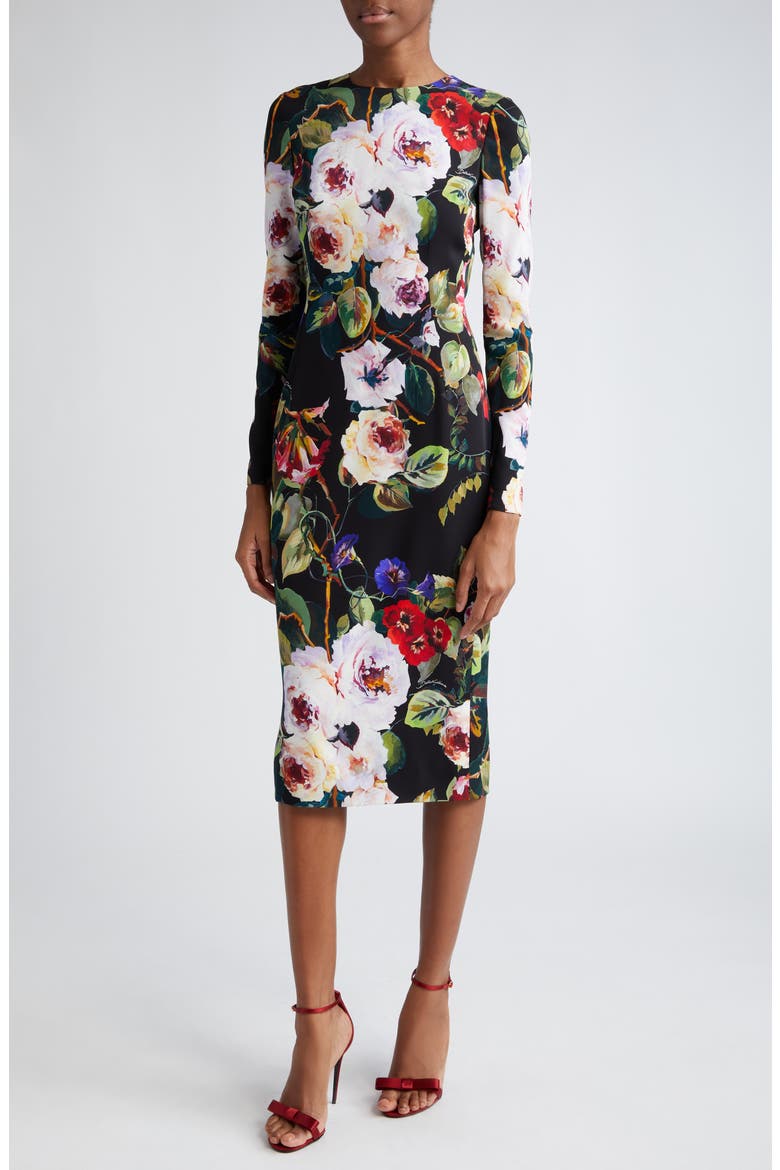 Floral Print Long Sleeve Charmeuse Sheath Dress, Alternate, color, NERO